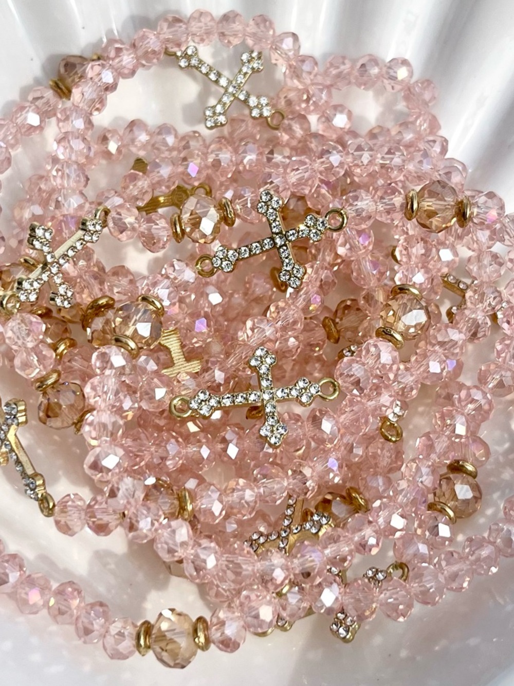 Pink Glass Beaded Bracelet with Cross & Rhinestone Charm NWOT